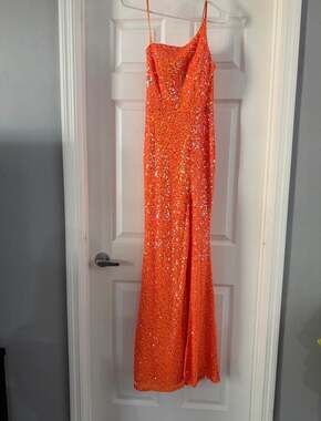 Midnight Doll Orange Neon Sequin One-Shoulder High Slit Formal Prom Gown